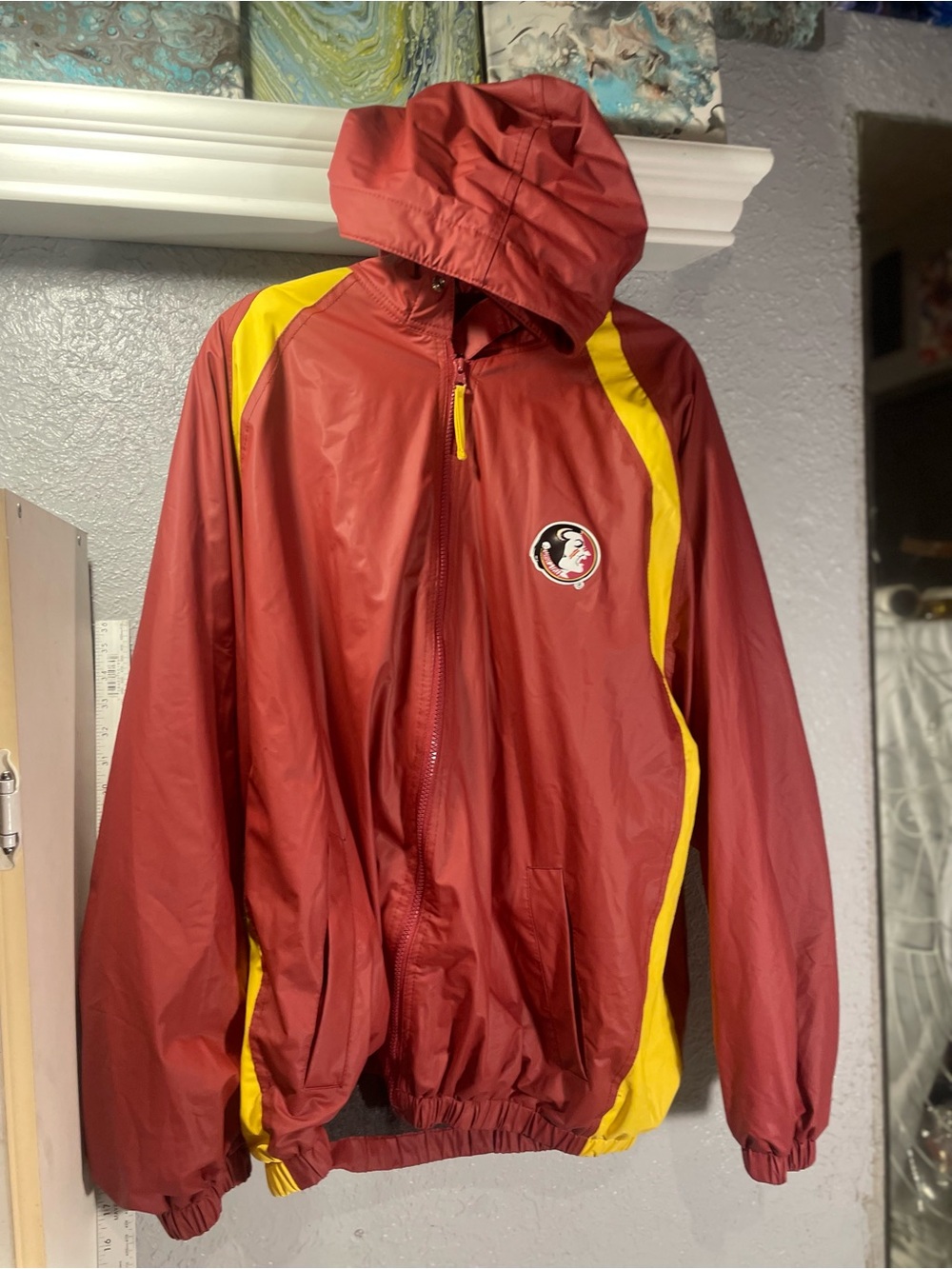Men's Maroon & Yellow Hooded Rain Jacket